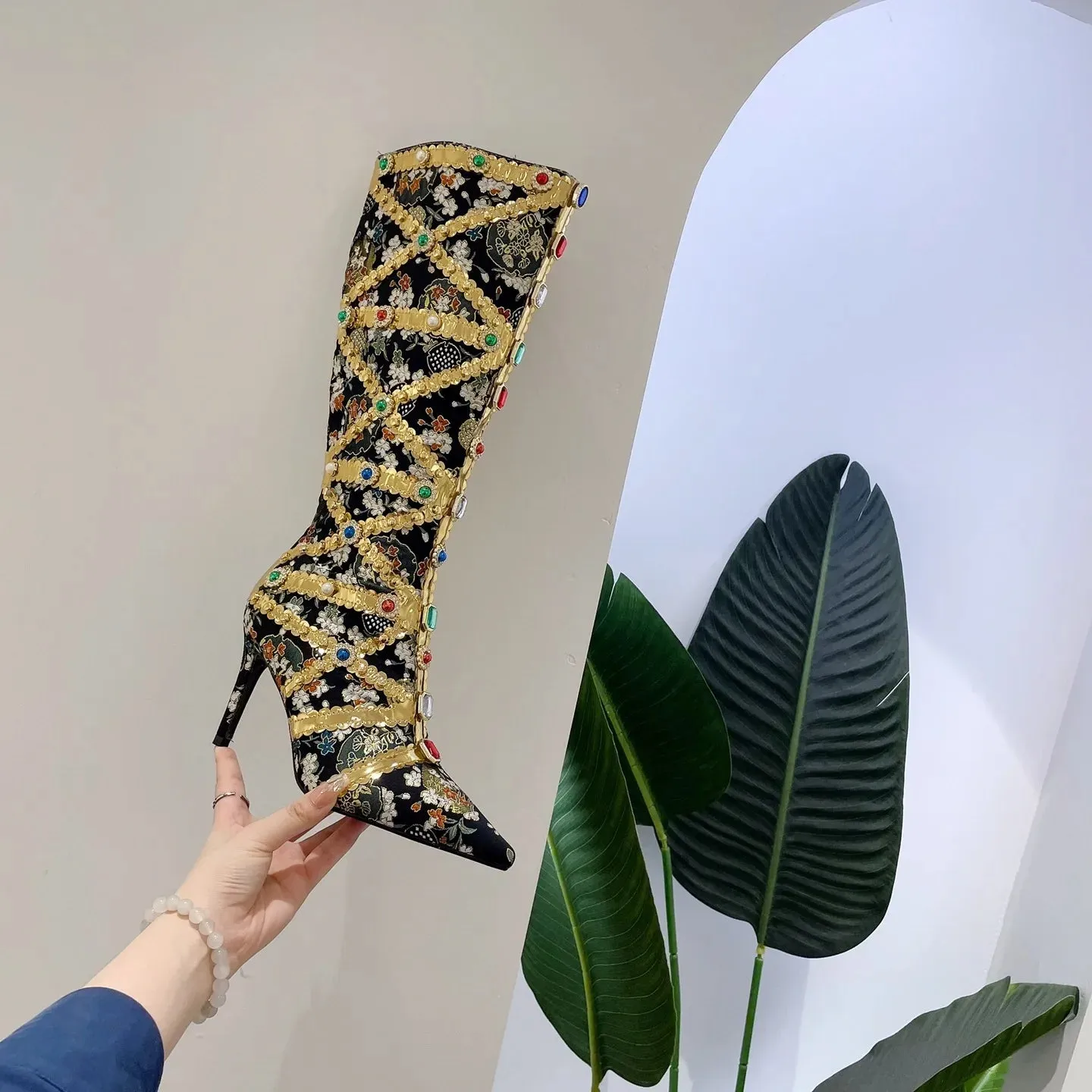 Luxury Pointed Toe Rhinestone Ethnic Style Knee High Modern Boot Side Zip Shoe