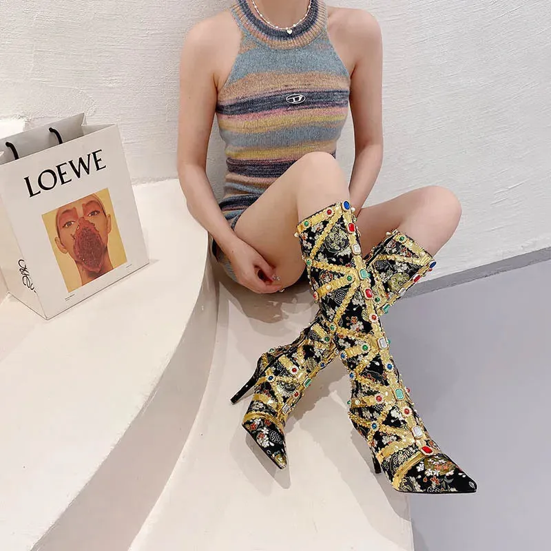 Luxury Pointed Toe Rhinestone Ethnic Style Knee High Modern Boot Side Zip Shoe