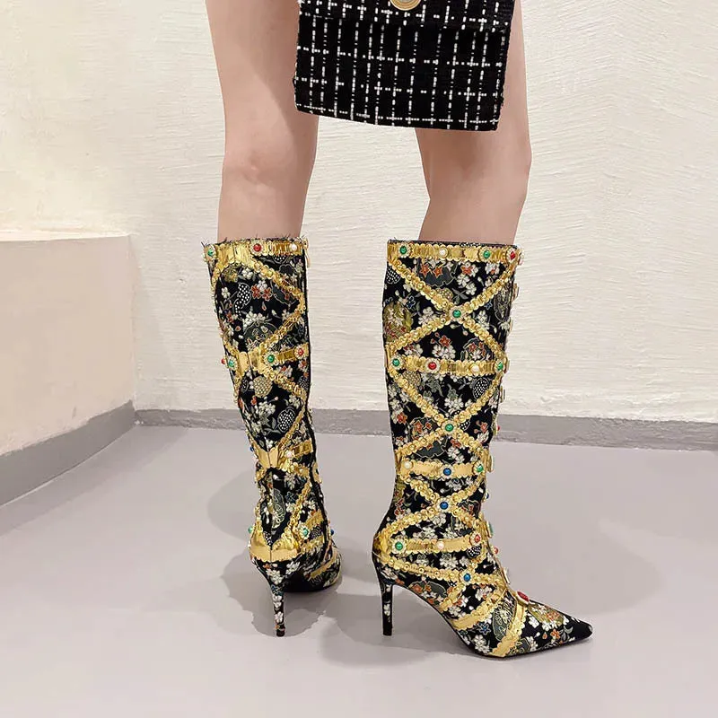 Luxury Pointed Toe Rhinestone Ethnic Style Knee High Modern Boot Side Zip Shoe