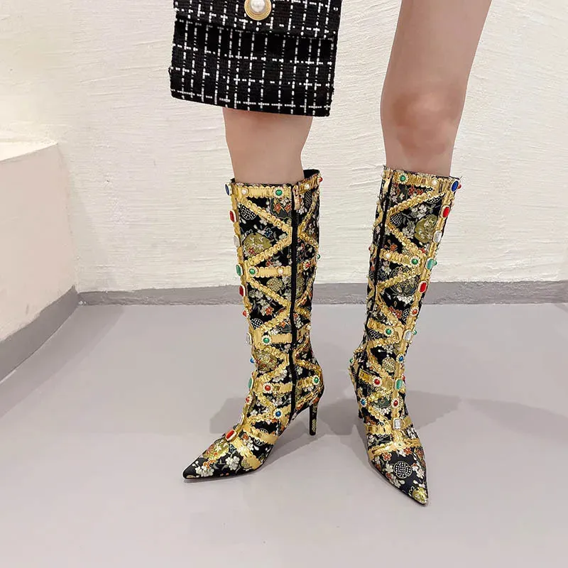 Luxury Pointed Toe Rhinestone Ethnic Style Knee High Modern Boot Side Zip Shoe