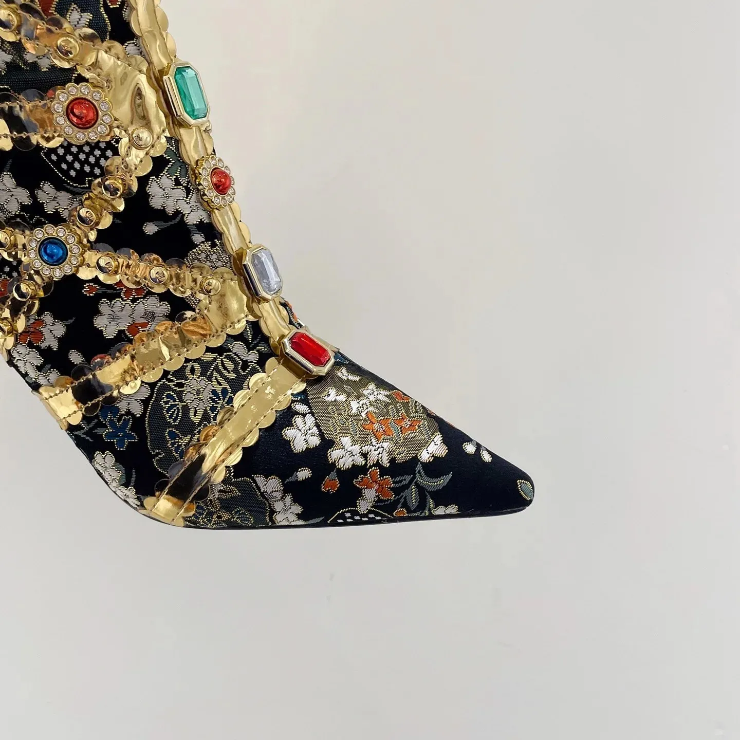 Luxury Pointed Toe Rhinestone Ethnic Style Knee High Modern Boot Side Zip Shoe