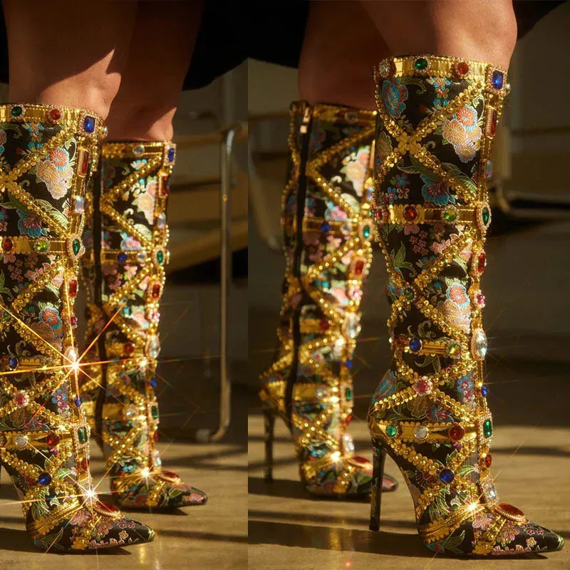 Luxury Pointed Toe Rhinestone Ethnic Style Knee High Modern Boot Side Zip Shoe