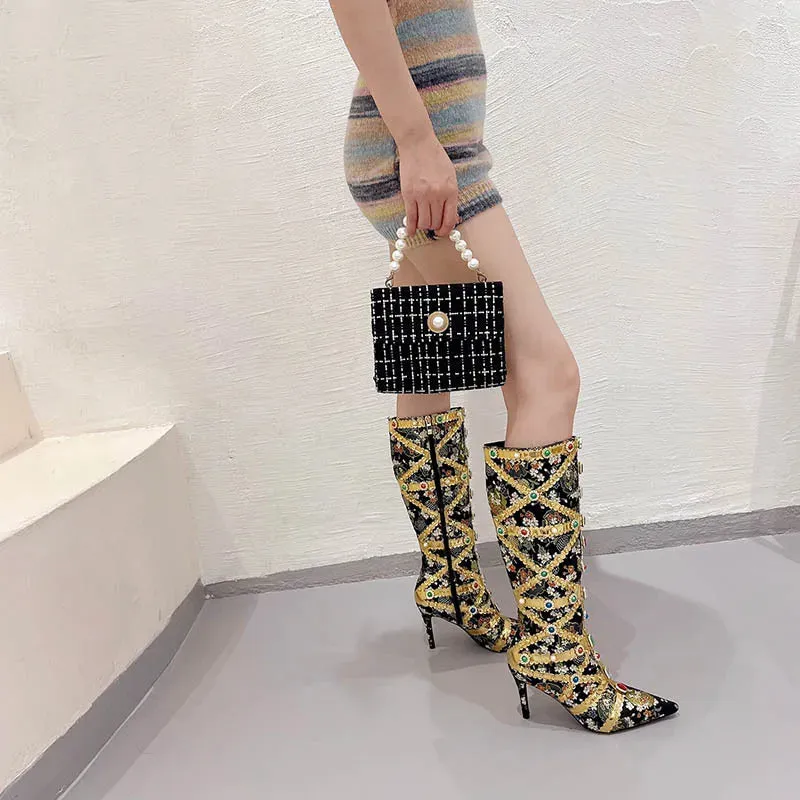 Luxury Pointed Toe Rhinestone Ethnic Style Knee High Modern Boot Side Zip Shoe