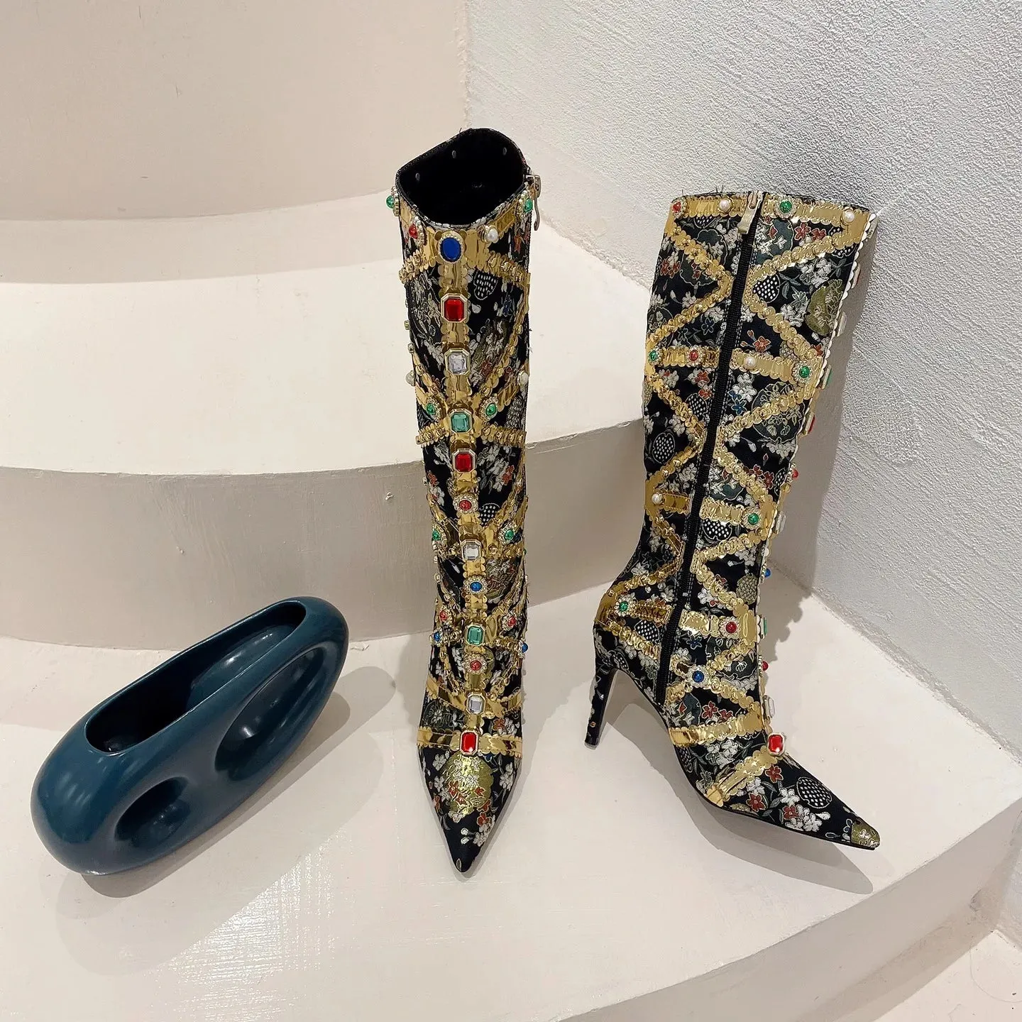 Luxury Pointed Toe Rhinestone Ethnic Style Knee High Modern Boot Side Zip Shoe