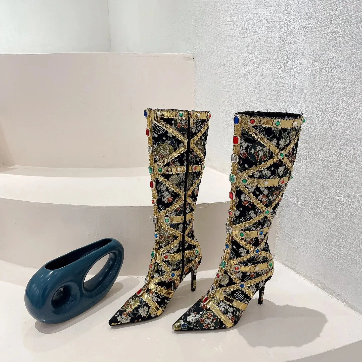 Luxury Pointed Toe Rhinestone Ethnic Style Knee High Modern Boot Side Zip Shoe