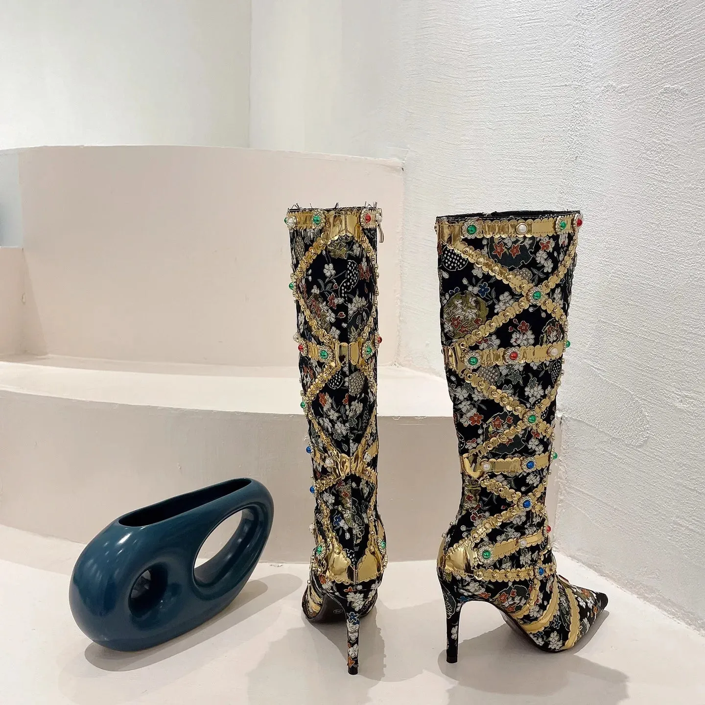 Luxury Pointed Toe Rhinestone Ethnic Style Knee High Modern Boot Side Zip Shoe