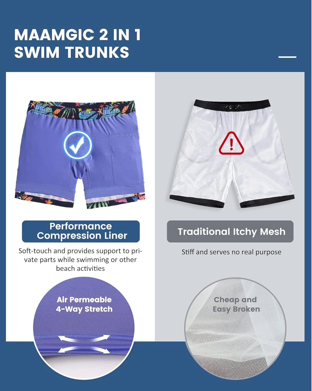 maamgic Mens 5 Inch Stretch Swimming Shorts Compression Liner Swim Trunks Swimwear Bathing Suits Beach Wear Swim Suits