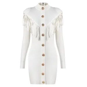 Military Mock Neck Metallic Button Fringe Long Sleeve Bodycon Sweater Mini Dress