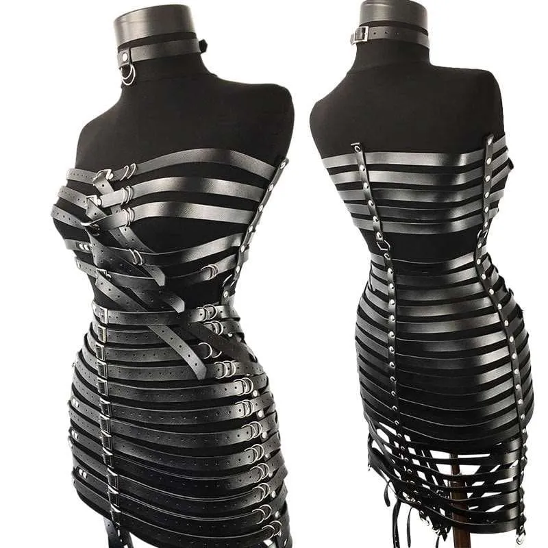Multi Buckle Vegan Leather Harness Dress for Bold Styles