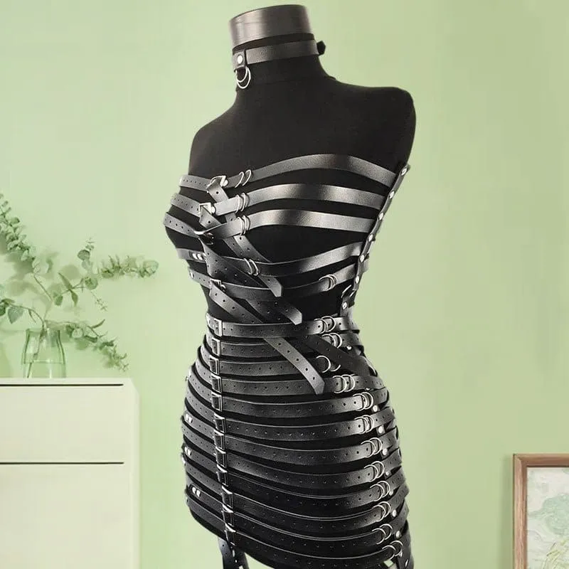 Multi Buckle Vegan Leather Harness Dress for Bold Styles