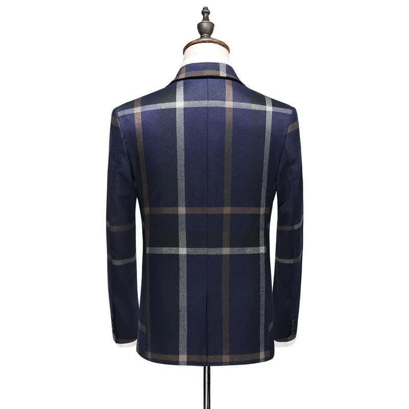 Navy Blue Tartan Groom Suit with Tie and Brown Dress Shoes