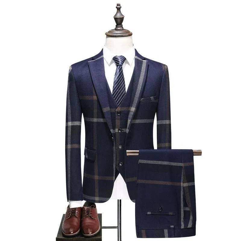Navy Blue Tartan Groom Suit with Tie and Brown Dress Shoes