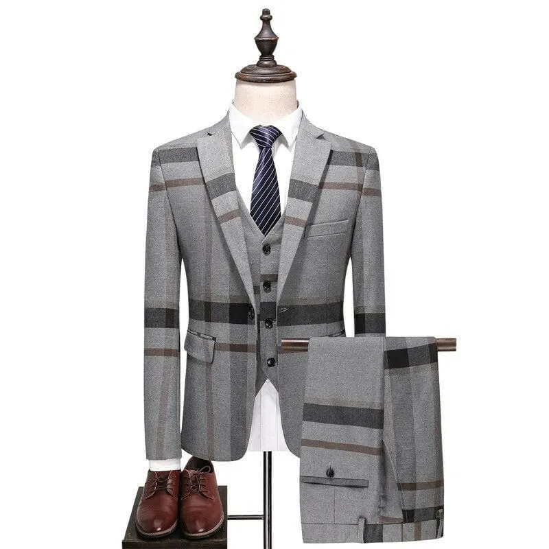 Navy Blue Tartan Groom Suit with Tie and Brown Dress Shoes