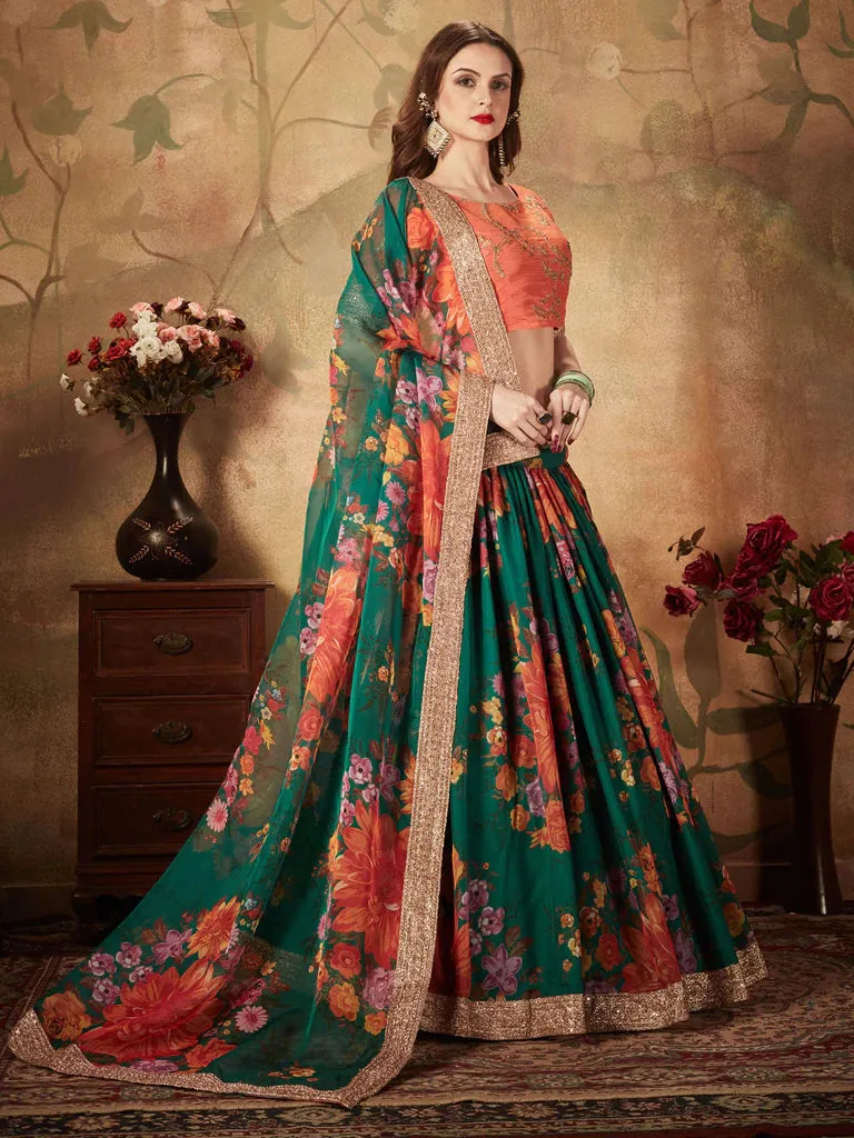 Orange And Green Designer Lehenga Choli