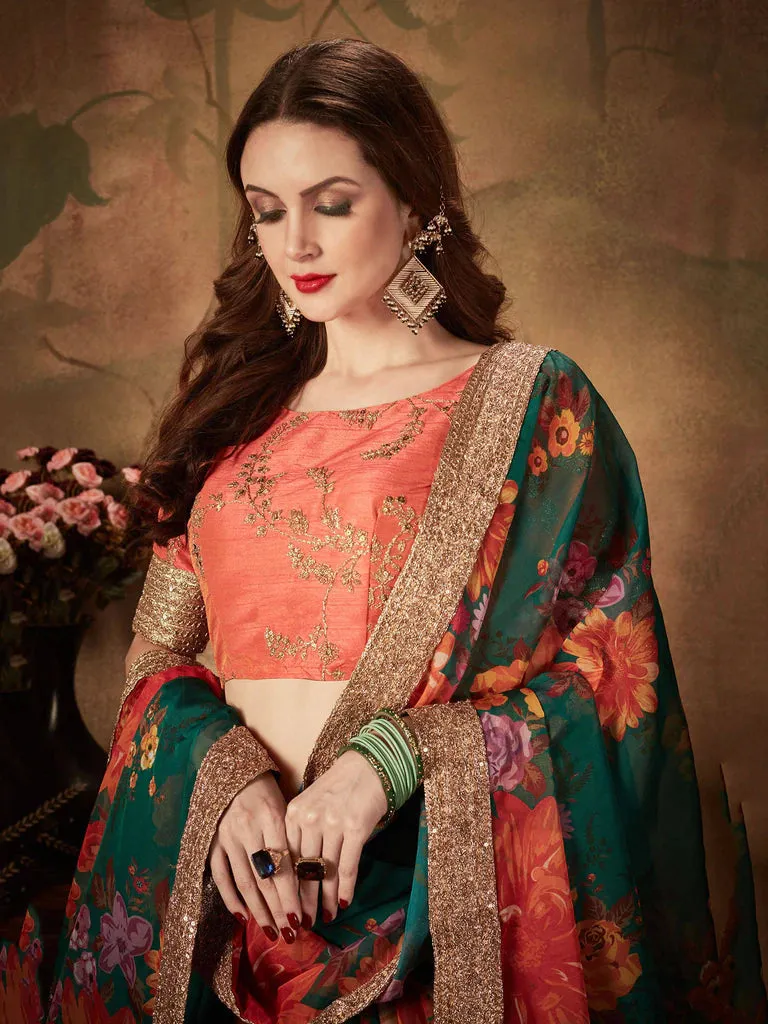 Orange And Green Designer Lehenga Choli