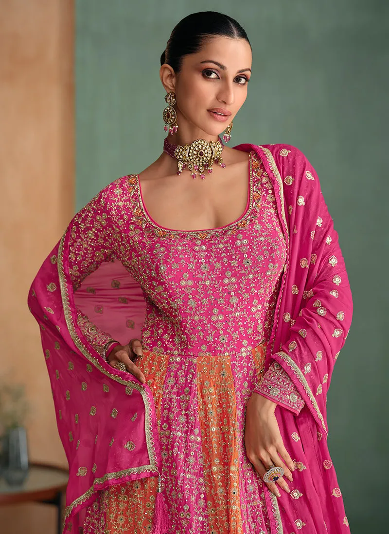 Pink And Orange Embroidery Anarkali Gown