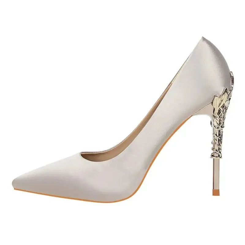 Pointy Silver High Heels - Satin, 10CM Heel, 1CM Platform