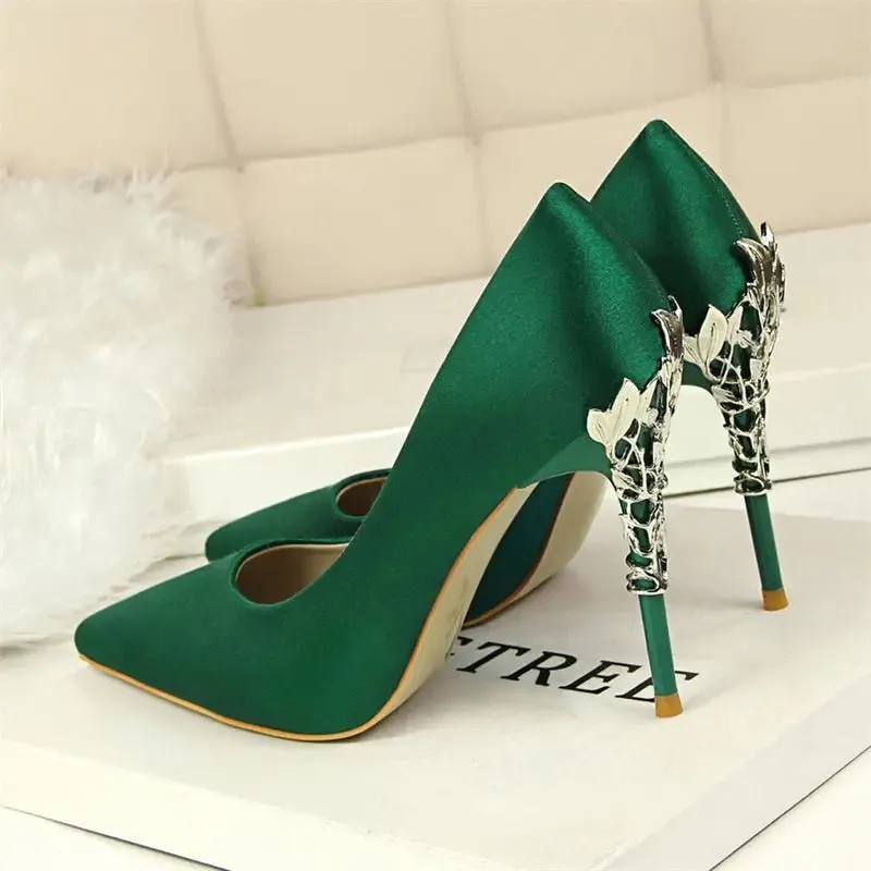 Pointy Silver High Heels - Satin, 10CM Heel, 1CM Platform