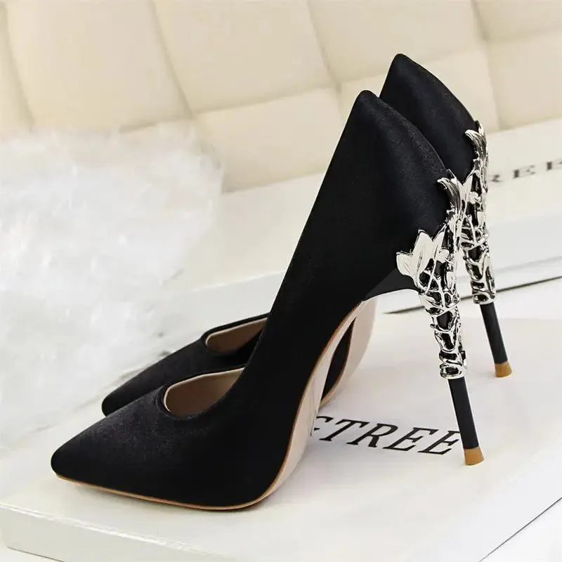 Pointy Silver High Heels - Satin, 10CM Heel, 1CM Platform