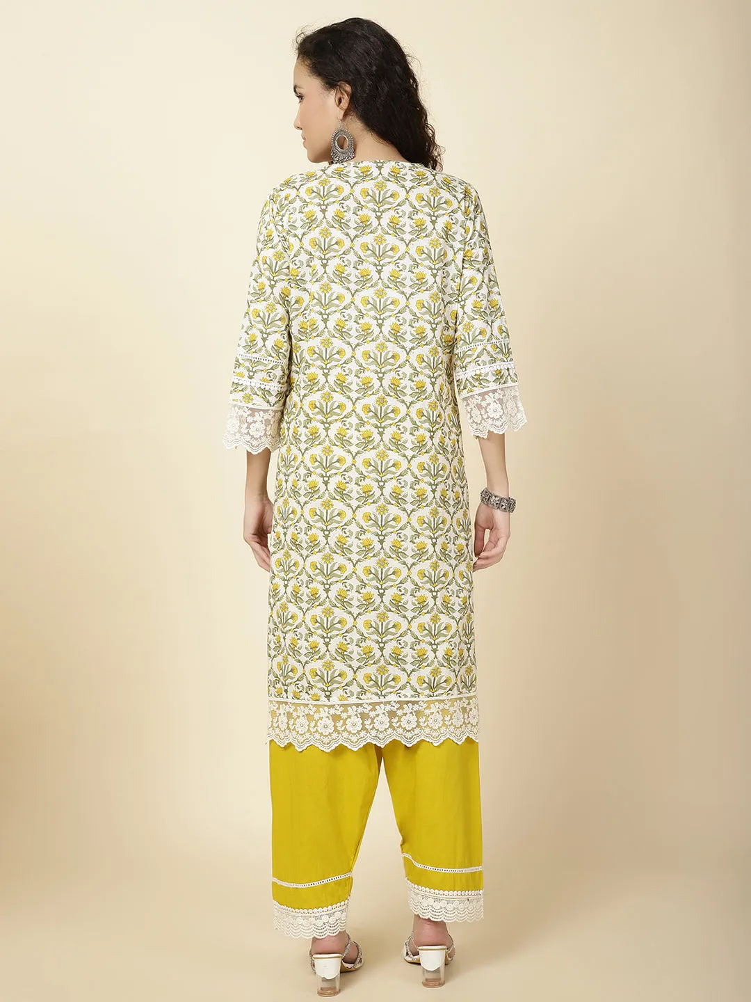 Printed & Panel Embroidery Cotton Kurta With Pants