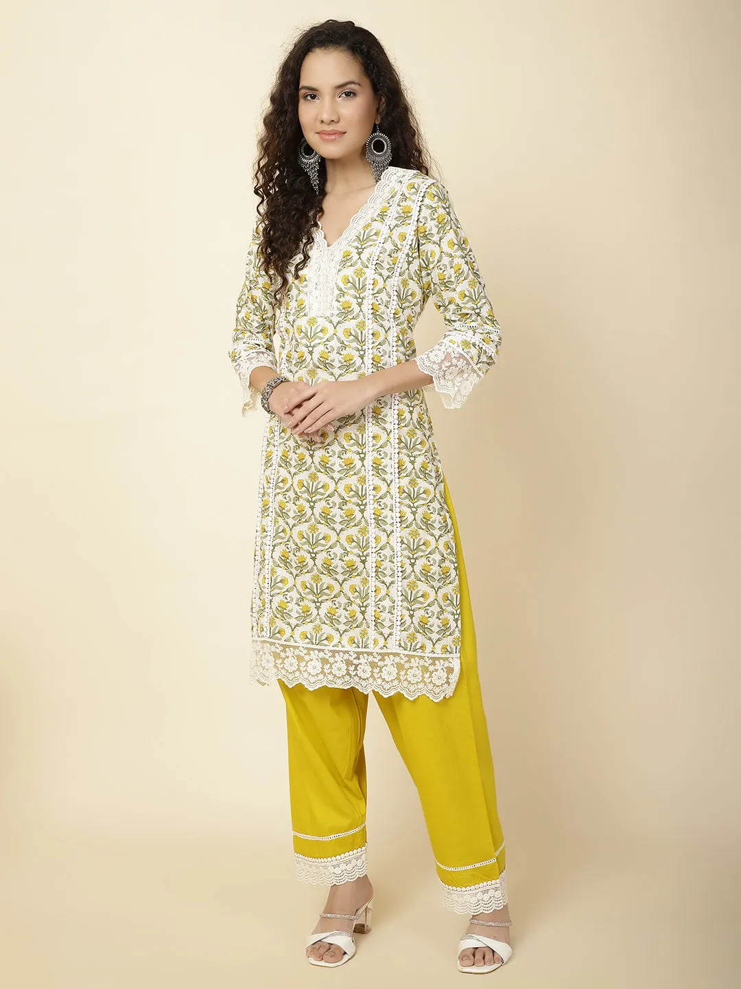 Printed & Panel Embroidery Cotton Kurta With Pants