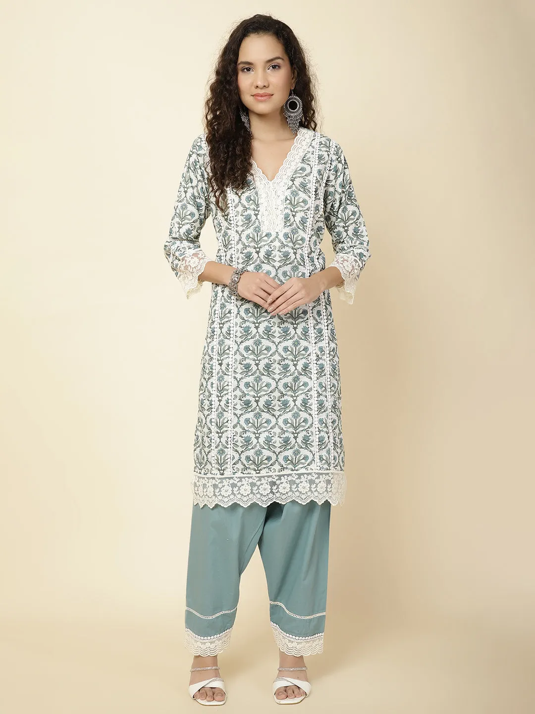 Printed & Panel Embroidery Cotton Kurta With Pants