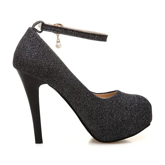 Purpdrank - Women's Heels Glitter Crystal Sequined Jeweled Plus Size Ankle Strap Heels Wedding Daily Party & Evening Platform High Heel Closed Toe Basic Synthetics Ankle Strap Solid Colored Black Silver Gold