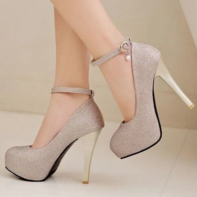 Purpdrank - Women's Heels Glitter Crystal Sequined Jeweled Plus Size Ankle Strap Heels Wedding Daily Party & Evening Platform High Heel Closed Toe Basic Synthetics Ankle Strap Solid Colored Black Silver Gold