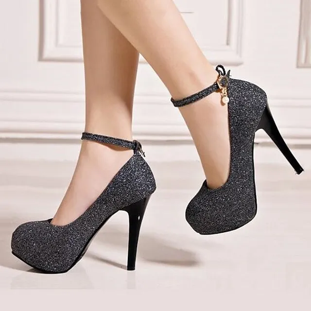 Purpdrank - Women's Heels Glitter Crystal Sequined Jeweled Plus Size Ankle Strap Heels Wedding Daily Party & Evening Platform High Heel Closed Toe Basic Synthetics Ankle Strap Solid Colored Black Silver Gold