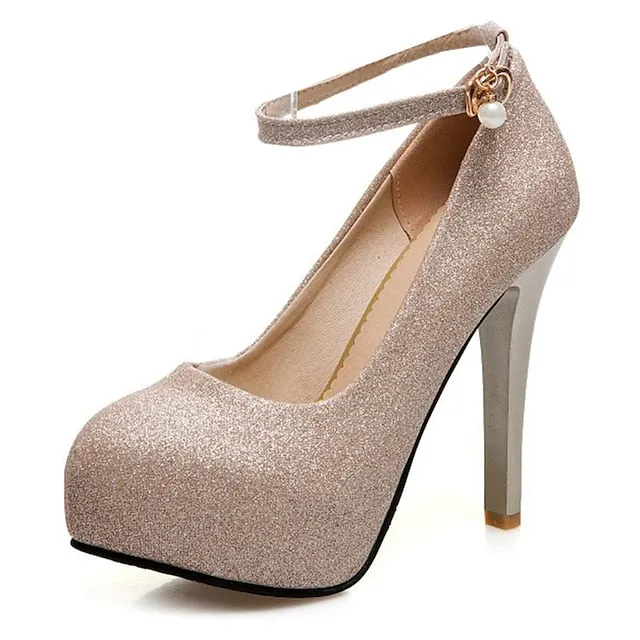 Purpdrank - Women's Heels Glitter Crystal Sequined Jeweled Plus Size Ankle Strap Heels Wedding Daily Party & Evening Platform High Heel Closed Toe Basic Synthetics Ankle Strap Solid Colored Black Silver Gold
