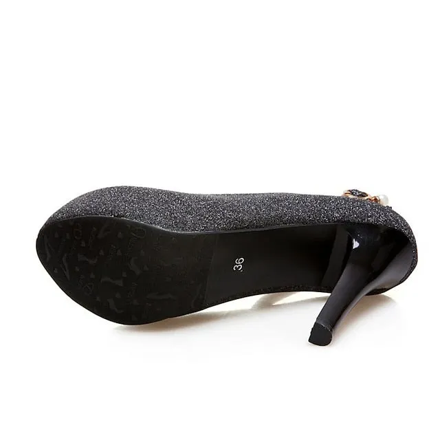 Purpdrank - Women's Heels Glitter Crystal Sequined Jeweled Plus Size Ankle Strap Heels Wedding Daily Party & Evening Platform High Heel Closed Toe Basic Synthetics Ankle Strap Solid Colored Black Silver Gold