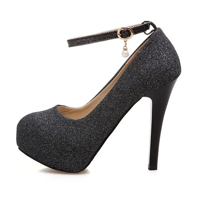 Purpdrank - Women's Heels Glitter Crystal Sequined Jeweled Plus Size Ankle Strap Heels Wedding Daily Party & Evening Platform High Heel Closed Toe Basic Synthetics Ankle Strap Solid Colored Black Silver Gold