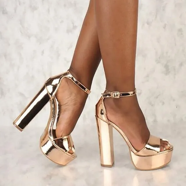 Purpdrank - Women's Heels Platform Sandals Ankle Strap Sandals Buckle Platform High Heel Ankle Strap Heel Peep Toe Patent Leather Buckle Solid Colored Silver Gold