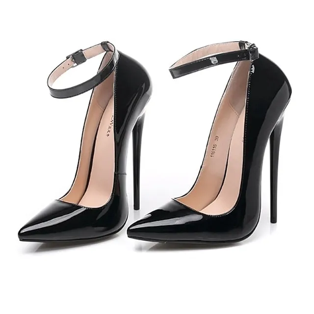 Purpdrank - Women's Heels Stilettos Ankle Strap Heels Party Work Daily Summer Stiletto Heel Pointed Toe Sexy Casual Patent Leather Buckle Solid Color Black Red