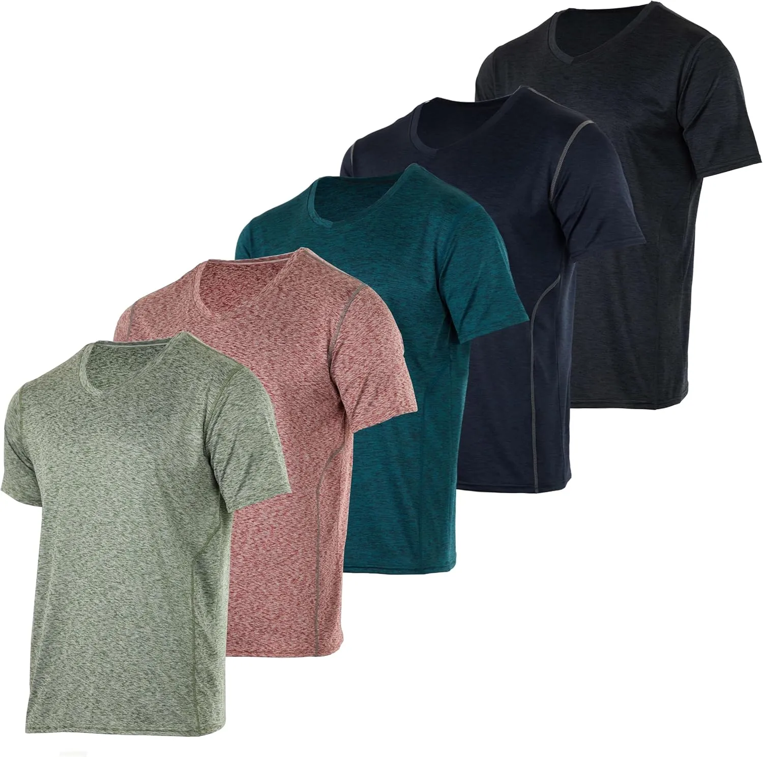 Real Essentials 5 Pack: Men??s V-Neck Dry-Fit Moisture Wicking Active Athletic Tech Performance T-Shirt