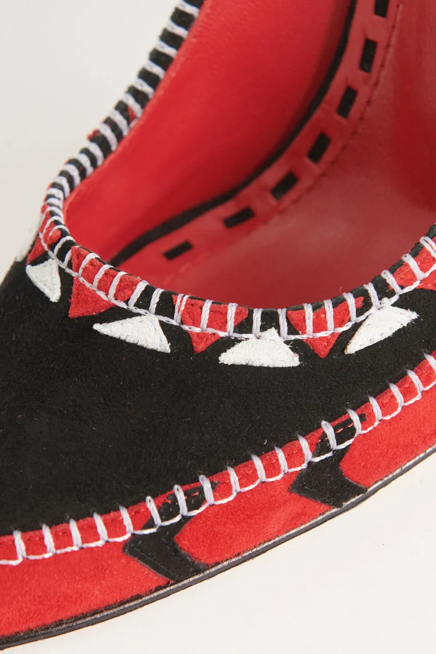 Red, White and Black Suede Embroidery Stitch Preowned Pumps