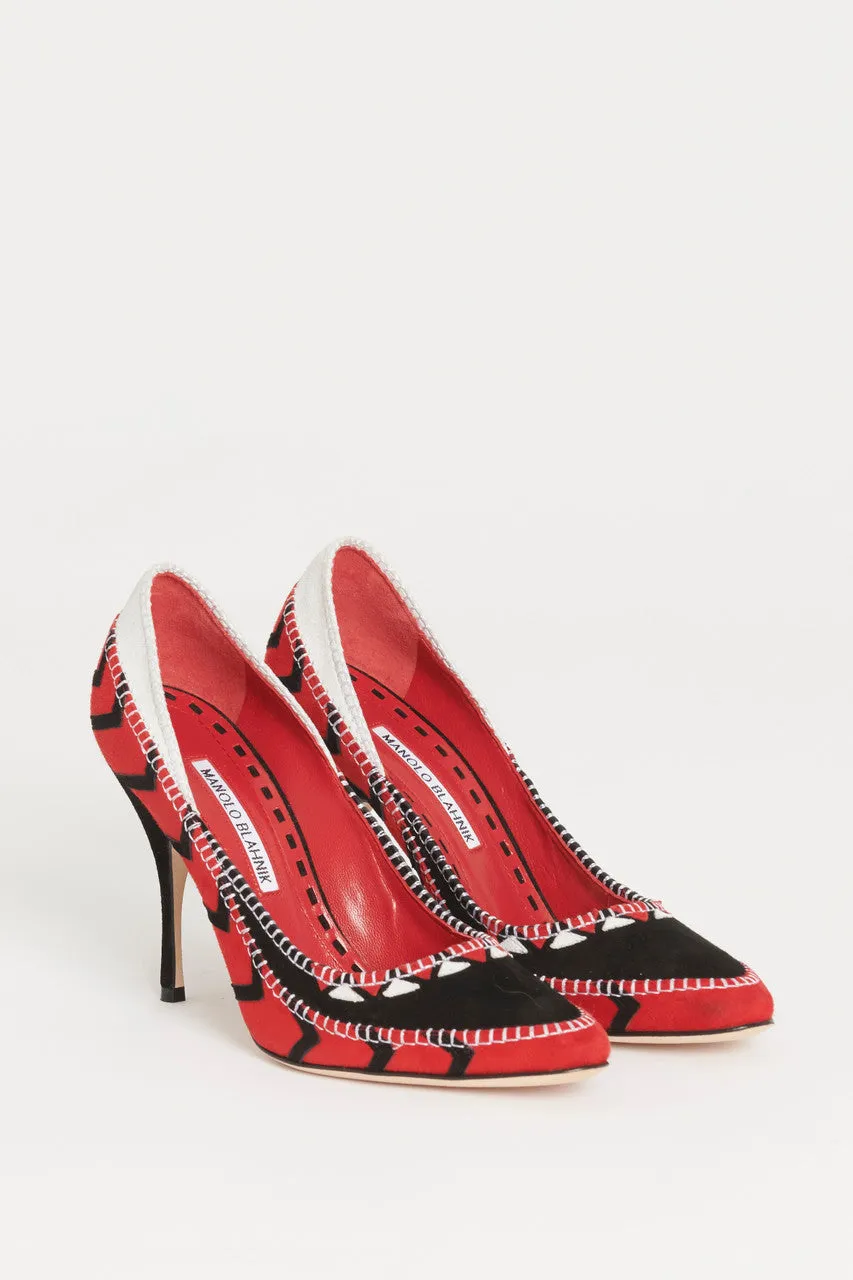 Red, White and Black Suede Embroidery Stitch Preowned Pumps