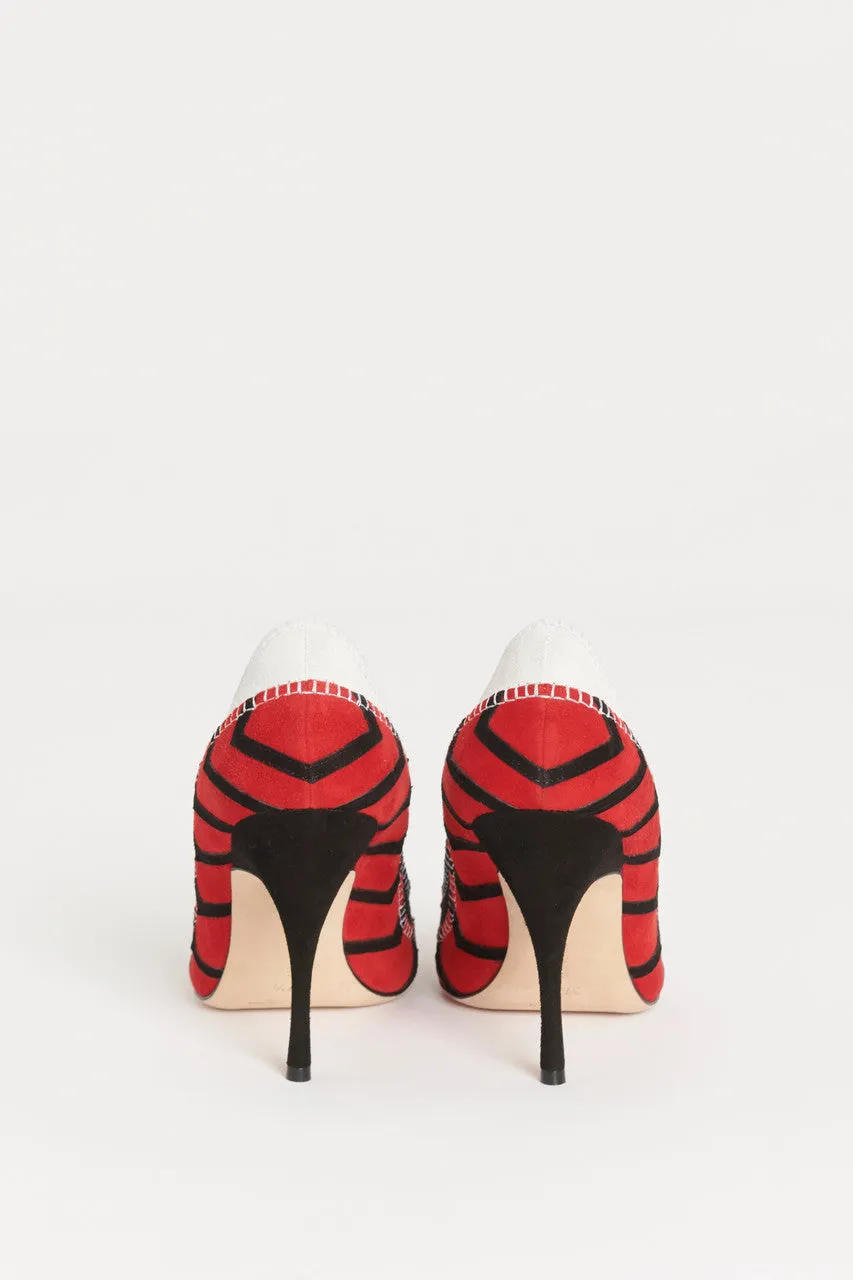 Red, White and Black Suede Embroidery Stitch Preowned Pumps