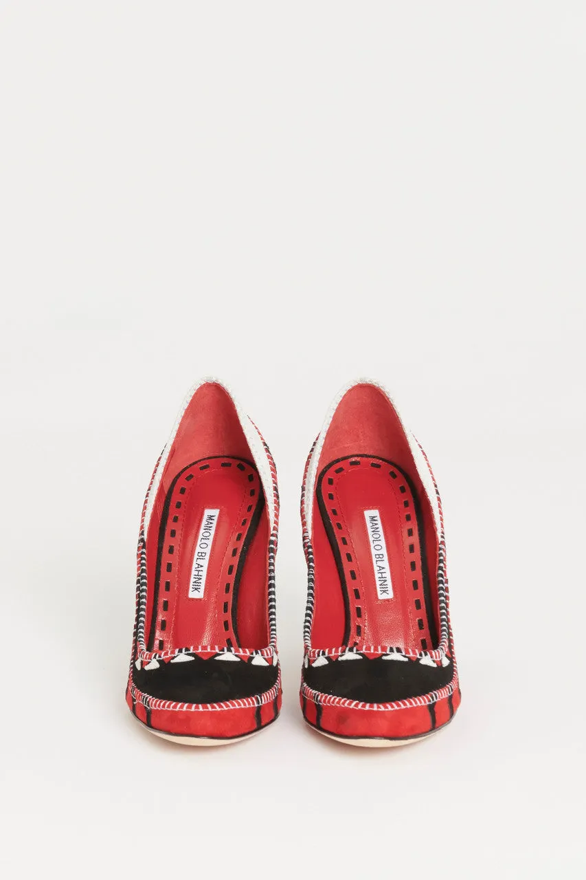 Red, White and Black Suede Embroidery Stitch Preowned Pumps