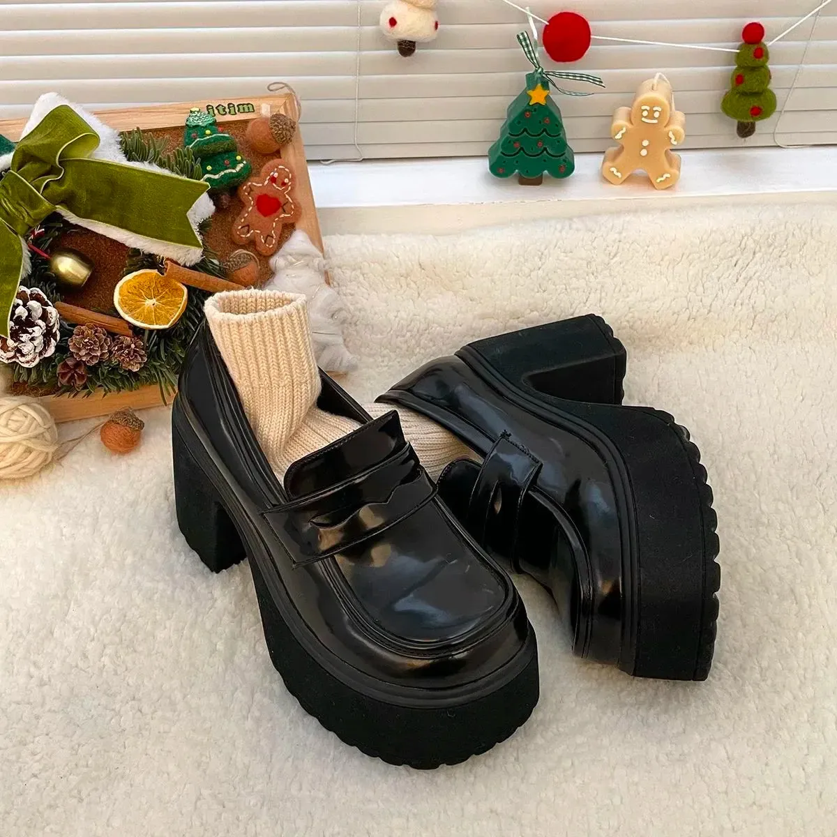 Sohiwoo Punk Buckle High Heels Pumps Women 2024  Autumn  Black Chunky Platform Lolita Shoes Woman Bowtie Thick Heel Gothic Shoes