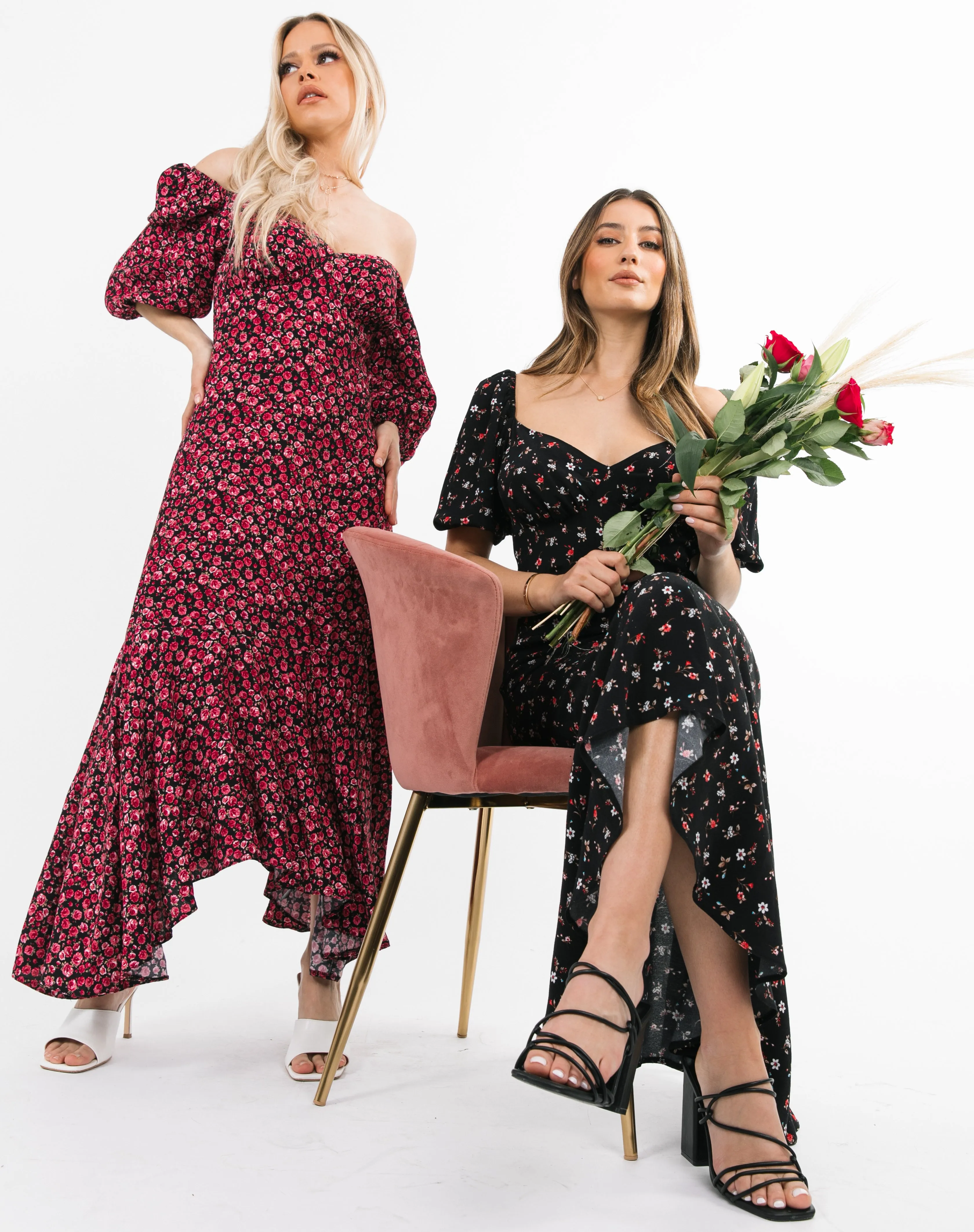 Sweetheart Neckline Midaxi Frill Dress in Pink Floral | Belle