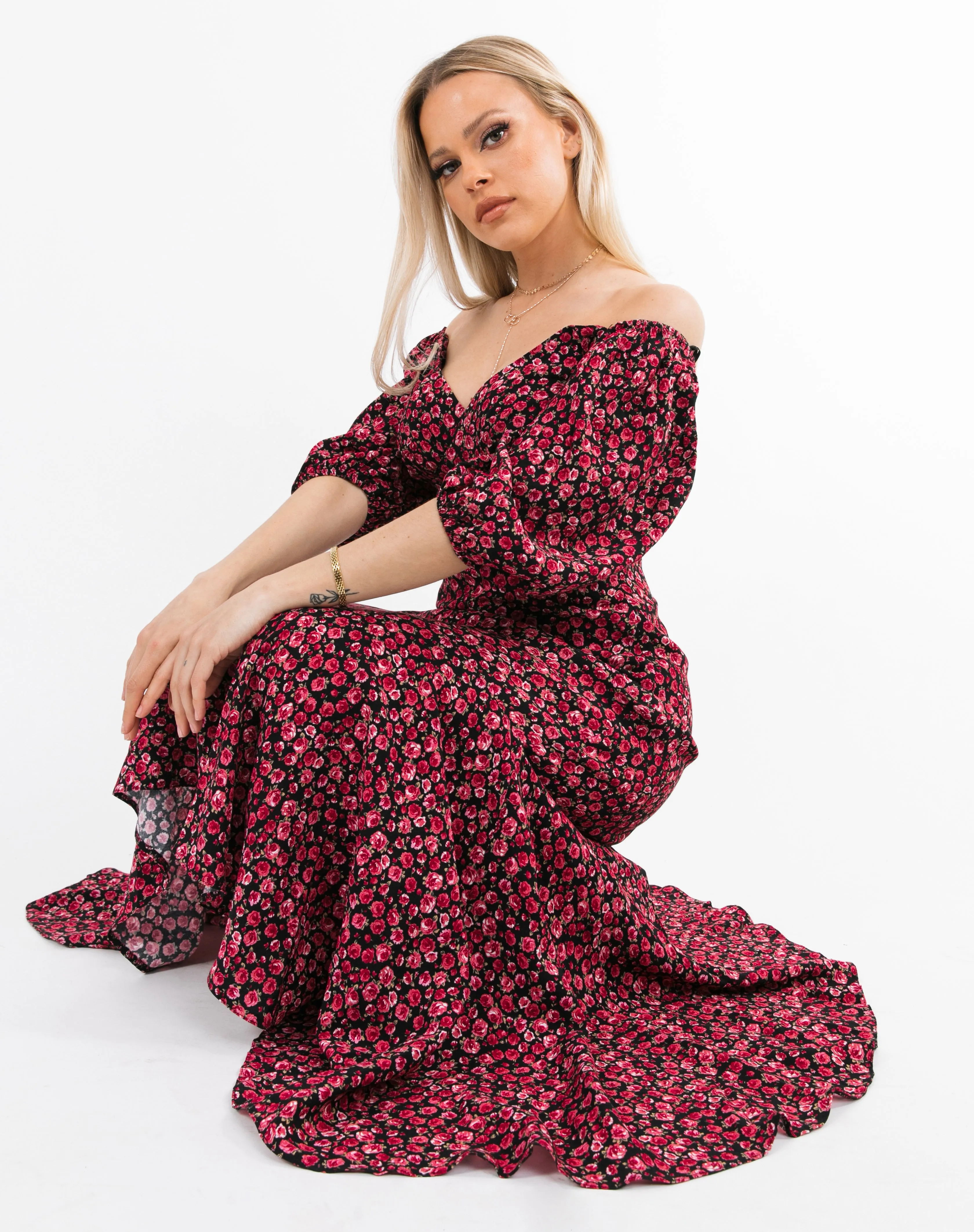 Sweetheart Neckline Midaxi Frill Dress in Pink Floral | Belle