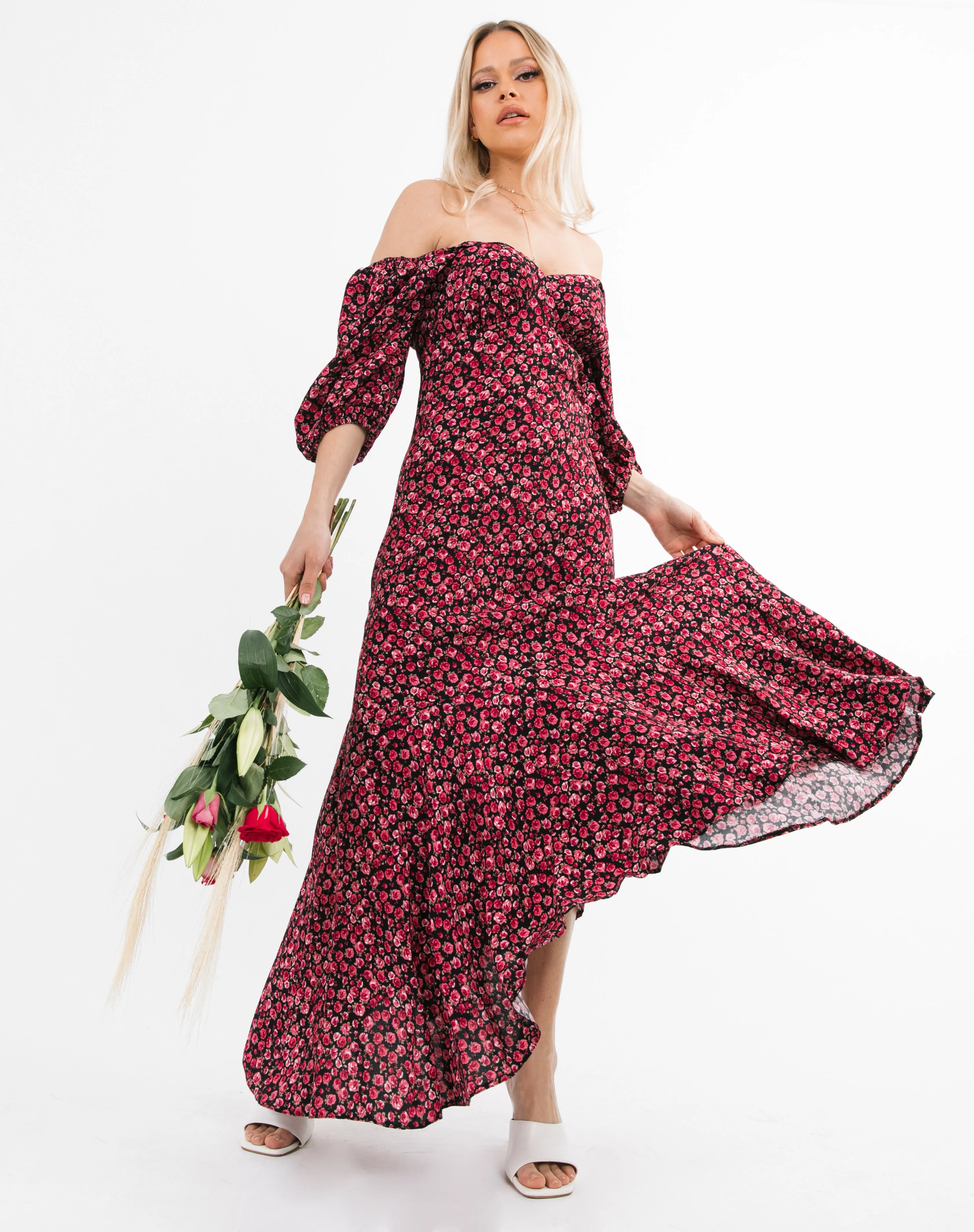 Sweetheart Neckline Midaxi Frill Dress in Pink Floral | Belle