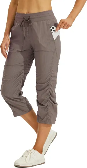 Willit Women's Quick-Dry Capris Travel Pants Lightweight Striped Woven Workout Casual Pants with Pockets