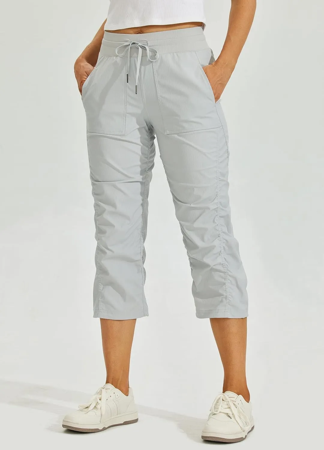 Willit Women's Quick-Dry Capris Travel Pants Lightweight Striped Woven Workout Casual Pants with Pockets