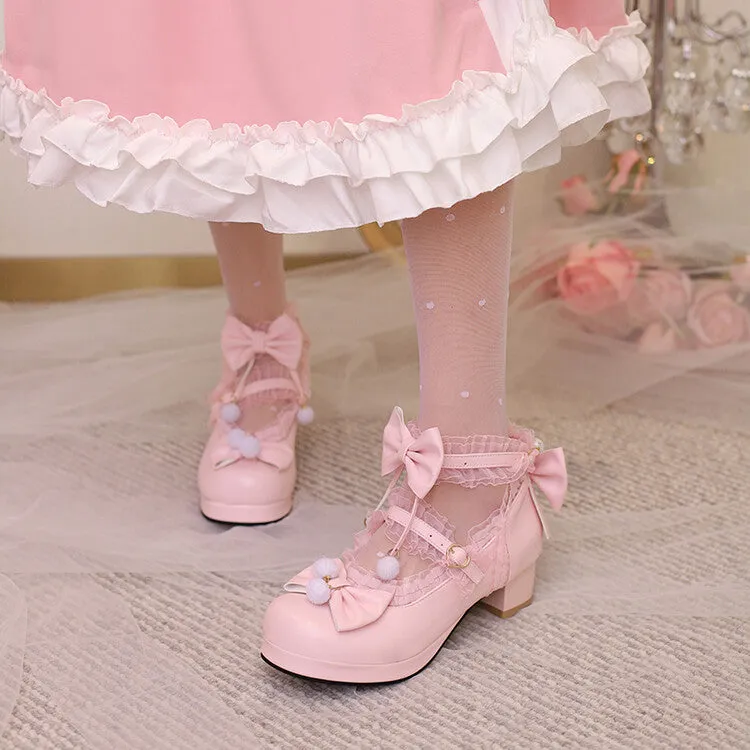 Women Bow Tie Ankle Strap Chunky Heel Pumps