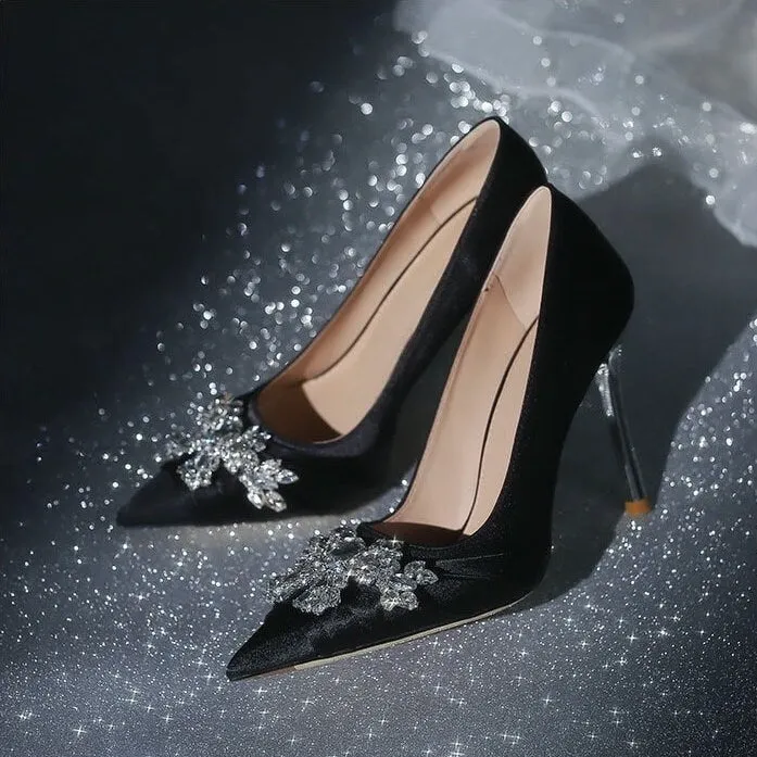 Women Mary Jane Pointed Toe Wedding Heels Pumps | Elegant Black White High Heels for Brides | Engagement Bling Jewel Ornament Decor Shoes