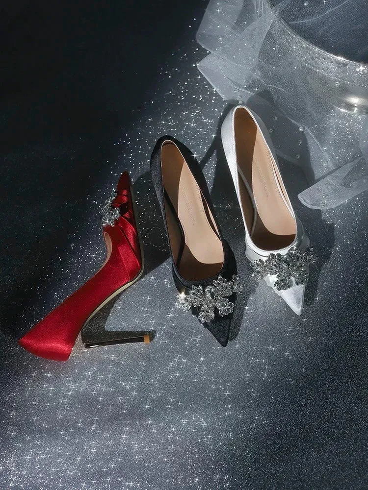 Women Mary Jane Pointed Toe Wedding Heels Pumps | Elegant Black White High Heels for Brides | Engagement Bling Jewel Ornament Decor Shoes