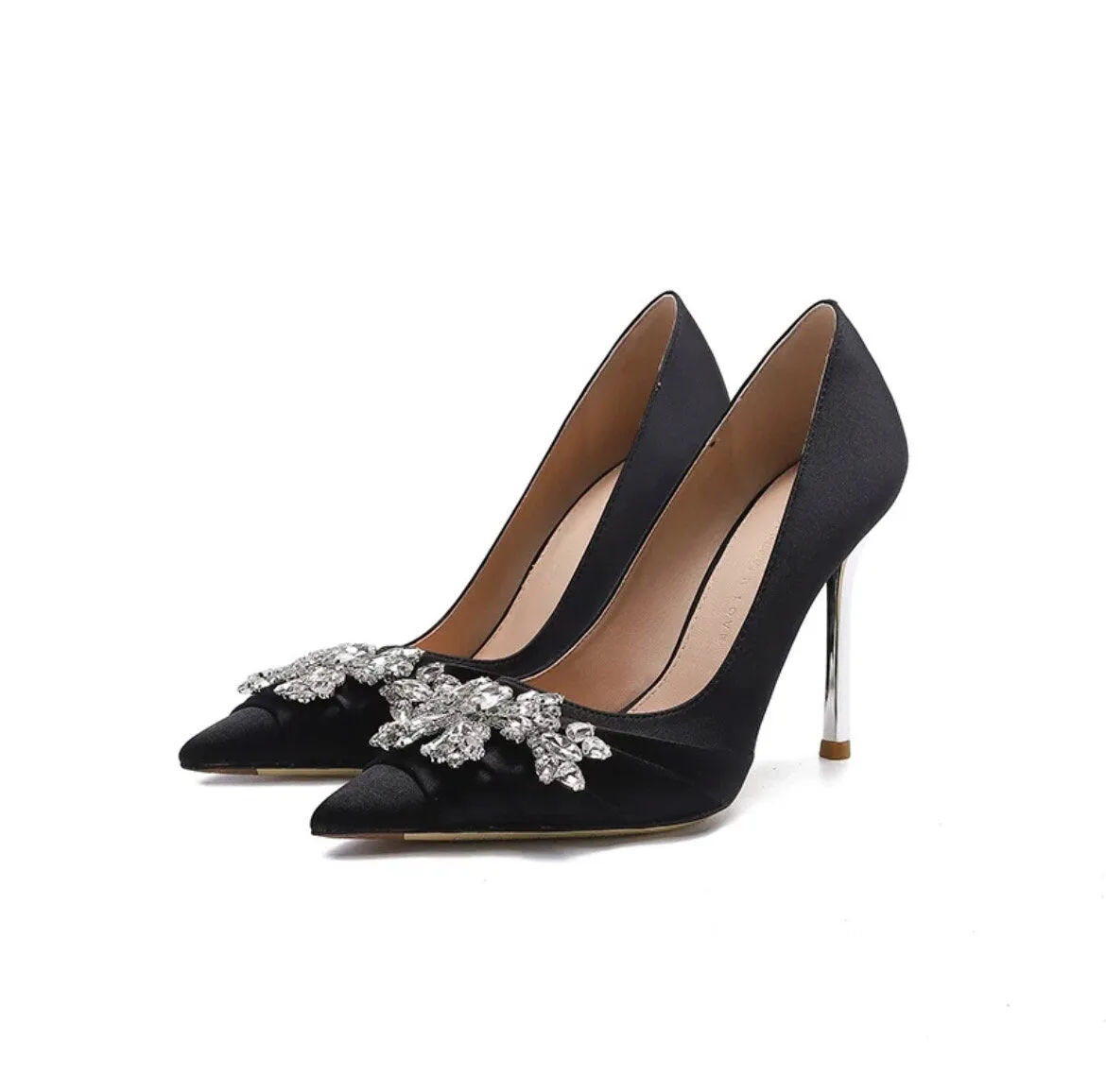 Women Mary Jane Pointed Toe Wedding Heels Pumps | Elegant Black White High Heels for Brides | Engagement Bling Jewel Ornament Decor Shoes