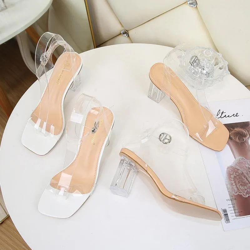 Women square peep toe buckle ankle strap chunky clear heels